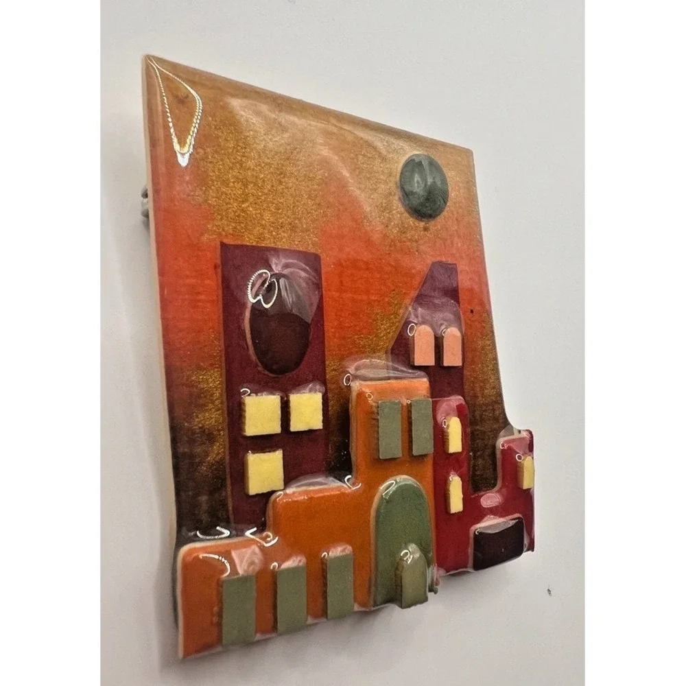 Lucinda House Pin Brooch Town Scene Resin Pueblo Casas Vintage Cityscape Artisan